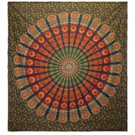 Couvre-lit en coton double + tenture murale - Mandala Paon - Vert