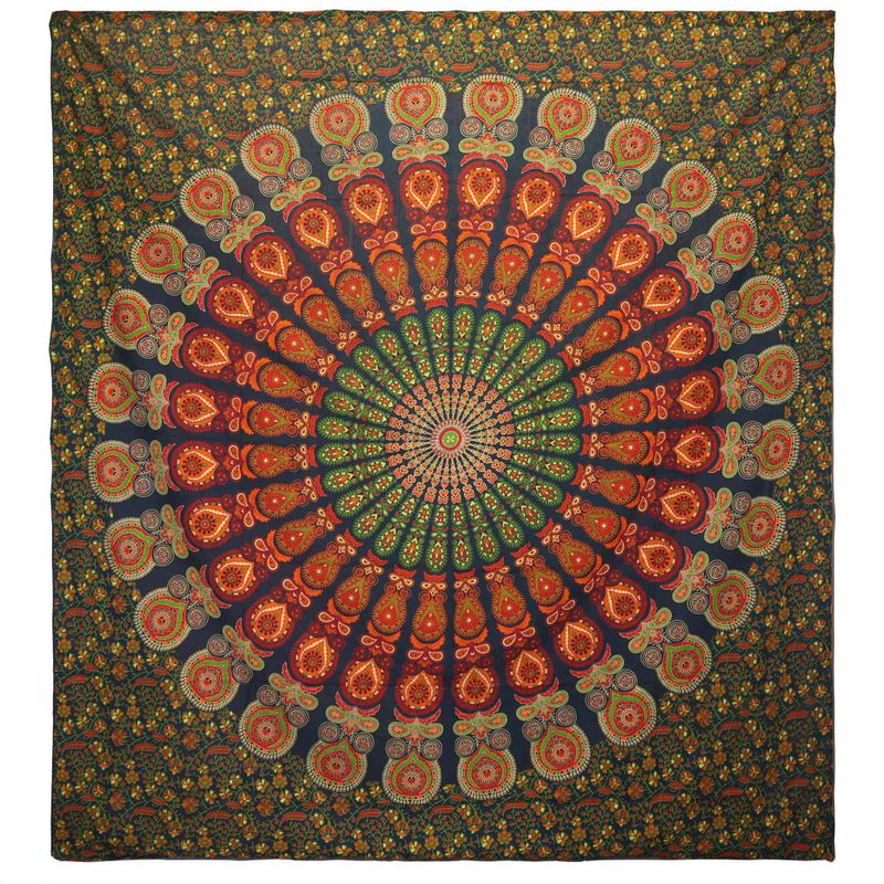 Couvre-lit en coton double + tenture murale - Mandala Paon - Vert