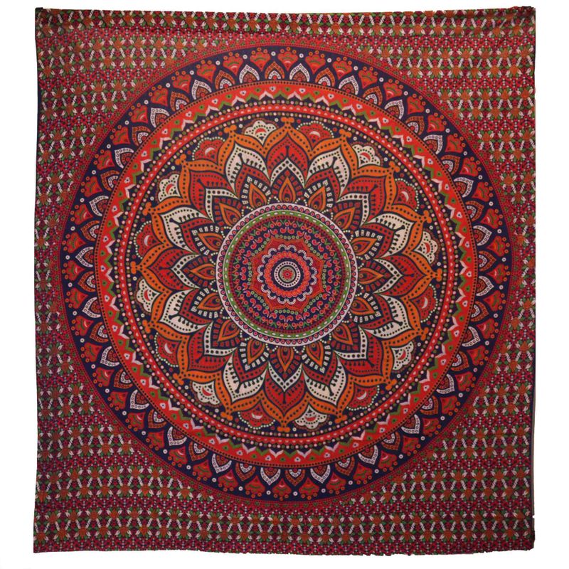 Couvre-lit en coton double + tenture murale - Mandala Classique - Orange/Bleu