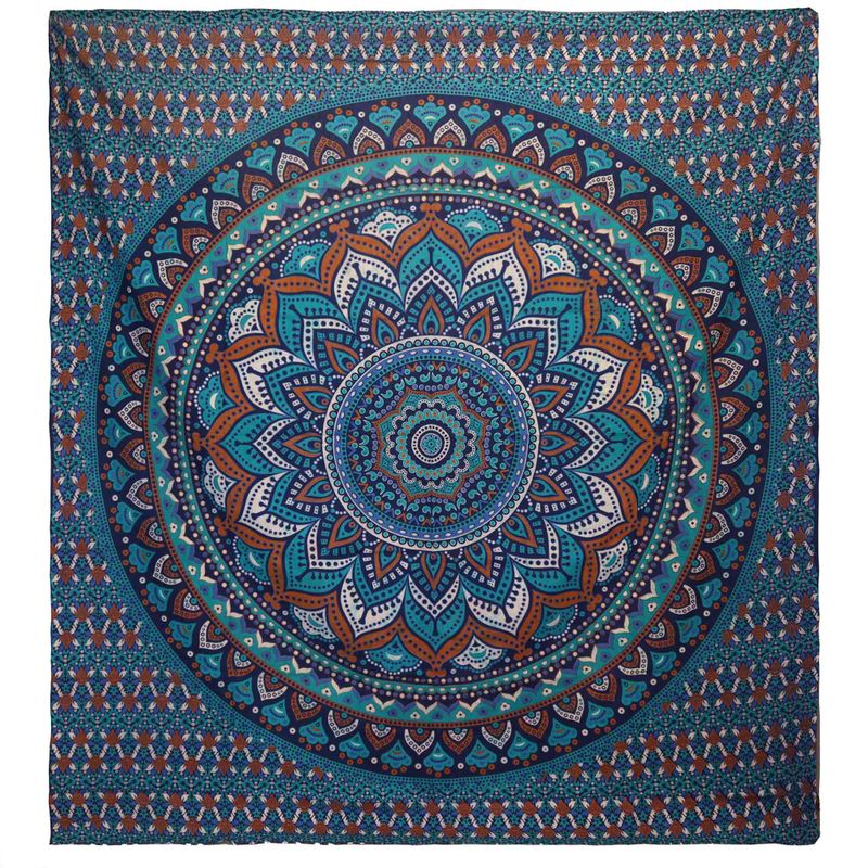 Couvre-lit en coton double + tenture murale - Mandala Classique - Turquoise