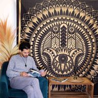 Couvre-lit en coton double + tenture murale - Hamsa - Or Noir