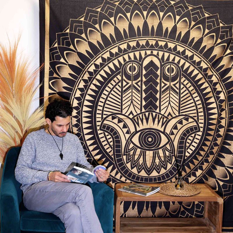 Couvre-lit en coton double + tenture murale - Hamsa - Or Noir