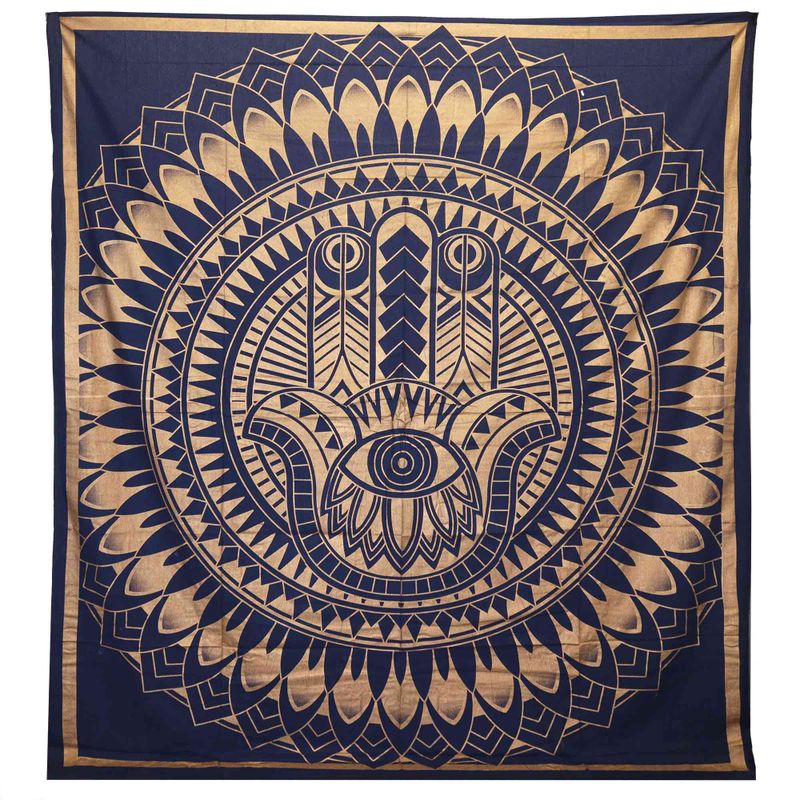Couvre-lit en coton double + tenture murale - Hamsa - Or Bleu