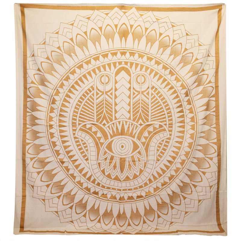 Couvre-lit en coton double + tenture murale - Hamsa - Or Blanc