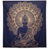 Couvre-lit en coton double + tenture murale - Bouddha - Or Bleu
