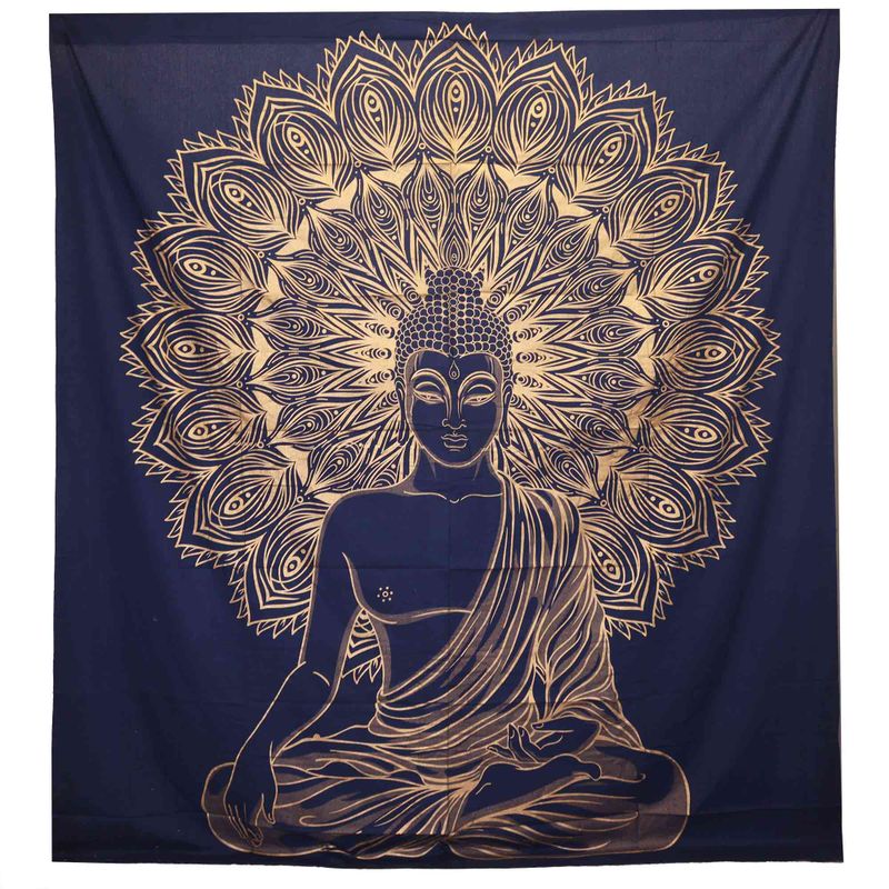 Couvre-lit en coton double + tenture murale - Bouddha - Or Bleu