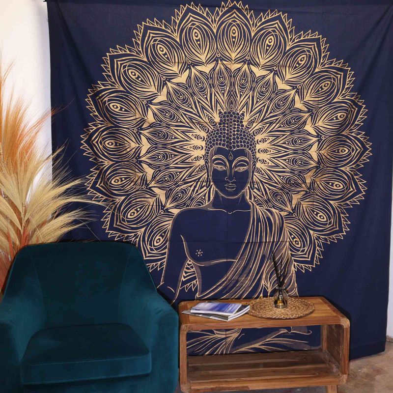 Couvre-lit en coton double + tenture murale - Bouddha - Or Bleu
