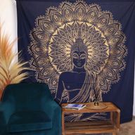Couvre-lit en coton double + tenture murale - Bouddha - Or Bleu