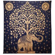 Couvre-lit en coton double + tenture murale - Éléphant & Arbre - Or Bleu
