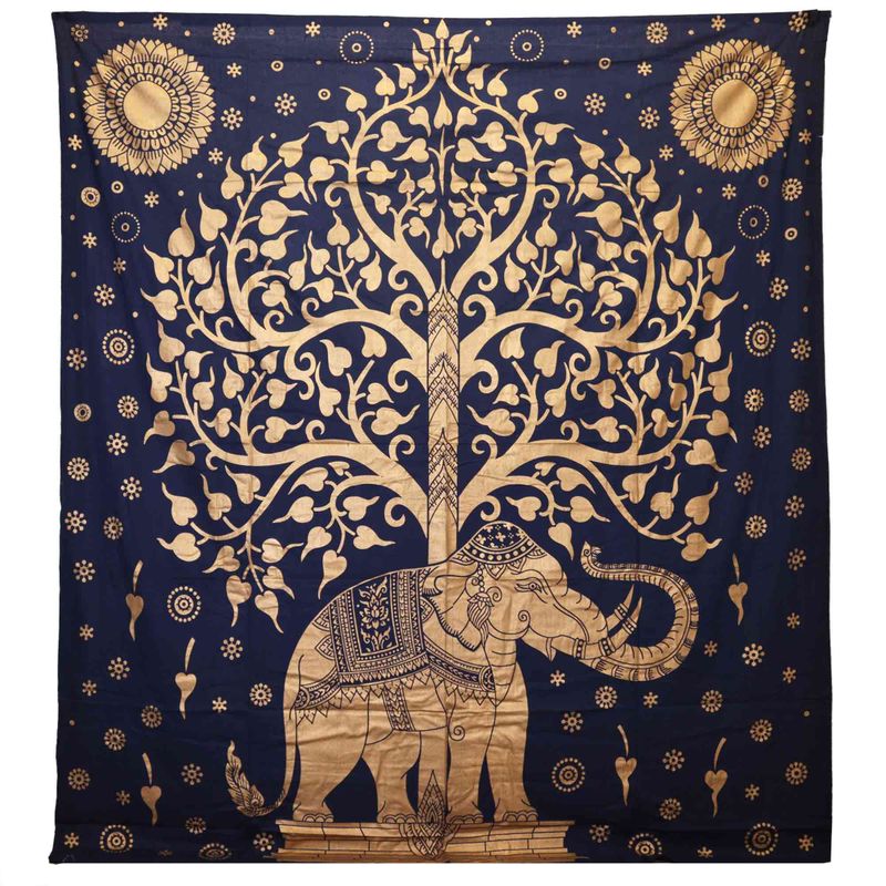 Couvre-lit en coton double + tenture murale - Éléphant & Arbre - Or Bleu