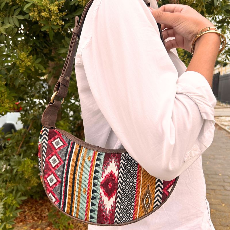 Sac Hobo en Jacquard - Marron (sangle marron)