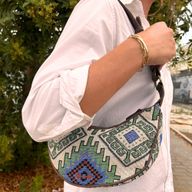 Sac Hobo en Jacquard - Vert Géographique (sangle marron)