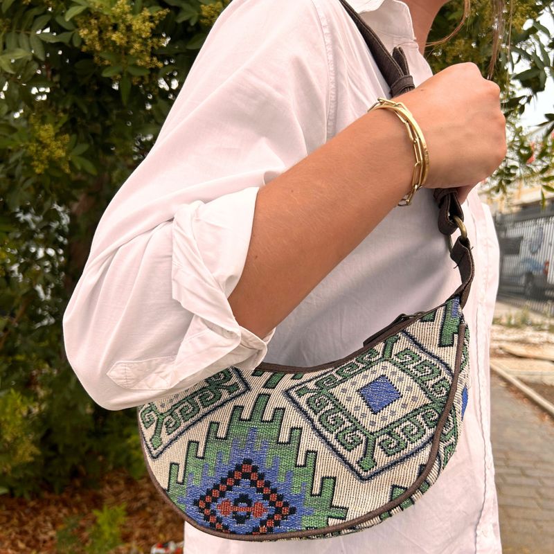 Sac Hobo en Jacquard - Vert Géographique (sangle marron)