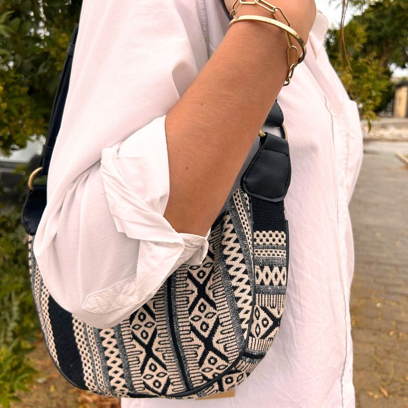 Sac Hobo en Jacquard - Gris Métro (sangle noire)