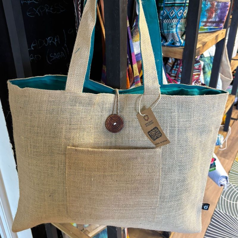 Sac réversible en jute et coton - Bleu