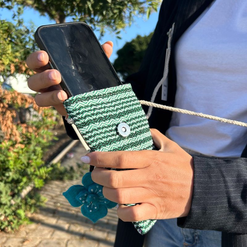 Pochette Porte- téléphone Rayures Vertes - motif  fleur