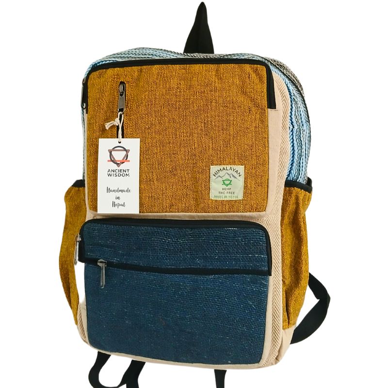 Grand Sac à Dos Rectangulaire en Chanvre - Bleu  & Curcuma