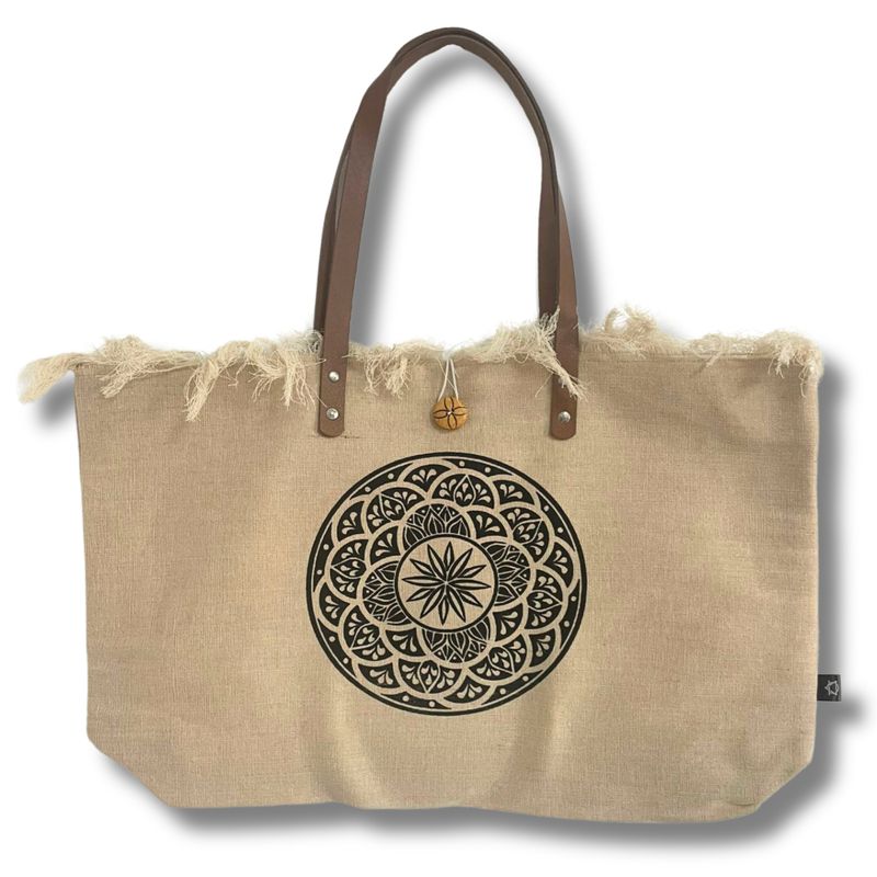 Sac en toile naturel à poignée en cuir - Mandala