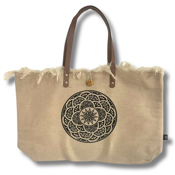 Sac en toile naturel à poignée en cuir - Mandala