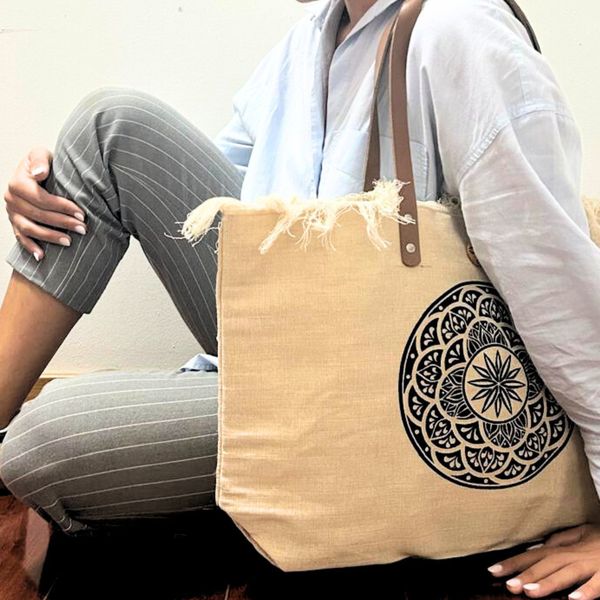 Sac en toile naturel à poignée en cuir - Mandala