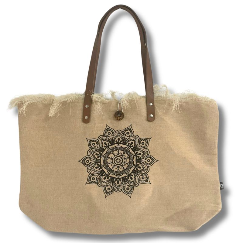 Sac en toile naturel à poignée en cuir - Fleur de Vie