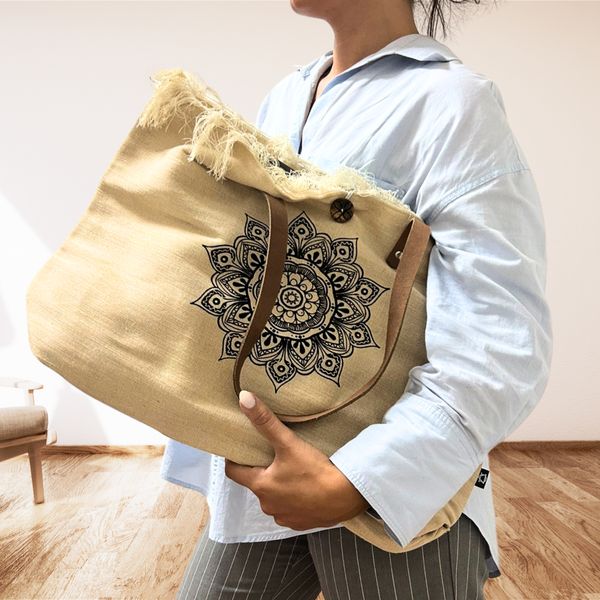 Sac en toile naturel à poignée en cuir - Fleur de Vie