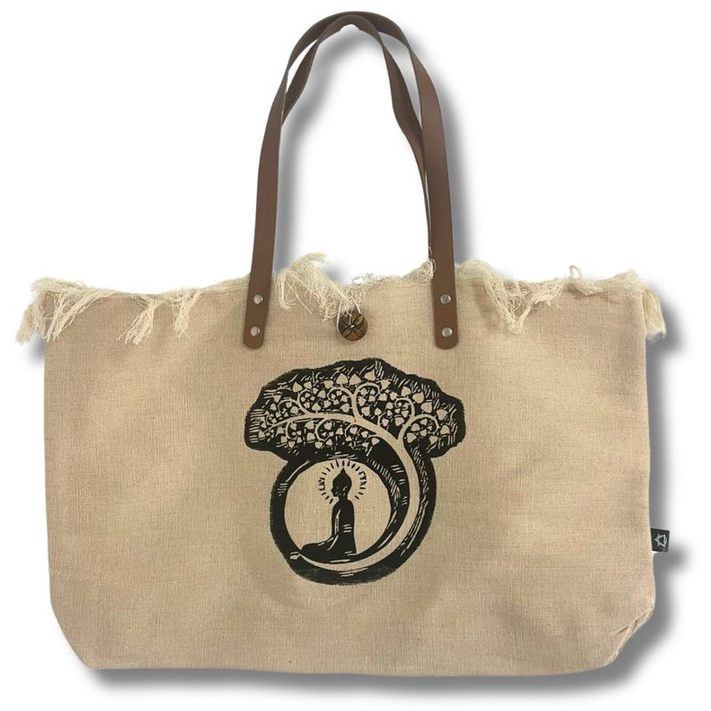 Sac en toile naturel à poignée en cuir - Bouddha