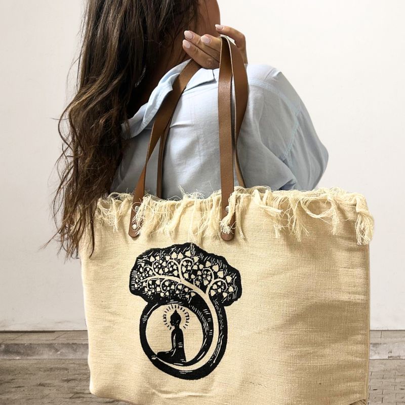 Sac en toile naturel à poignée en cuir - Bouddha