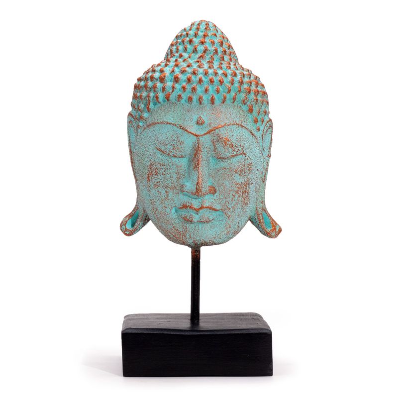 Grande Tête de Bouddha Sérénité sur Socle - Cuivre Vert