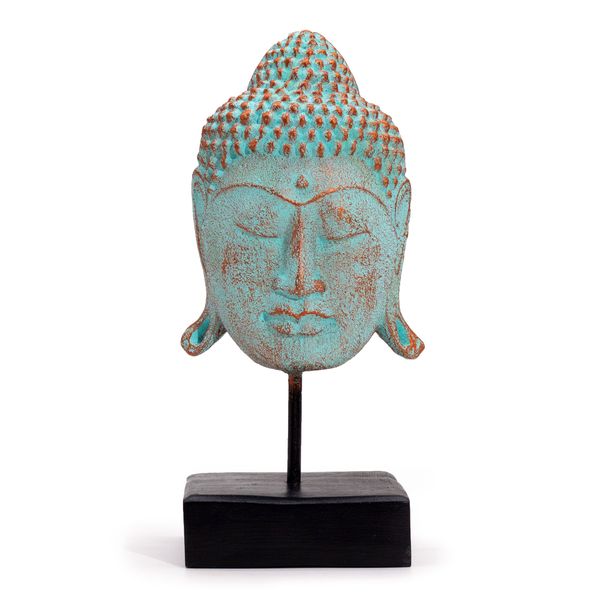 Grande Tête de Bouddha Sérénité sur Socle - Cuivre Vert