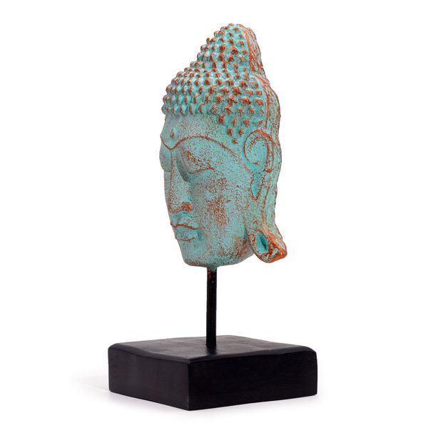 Grande Tête de Bouddha Sérénité sur Socle - Cuivre Vert