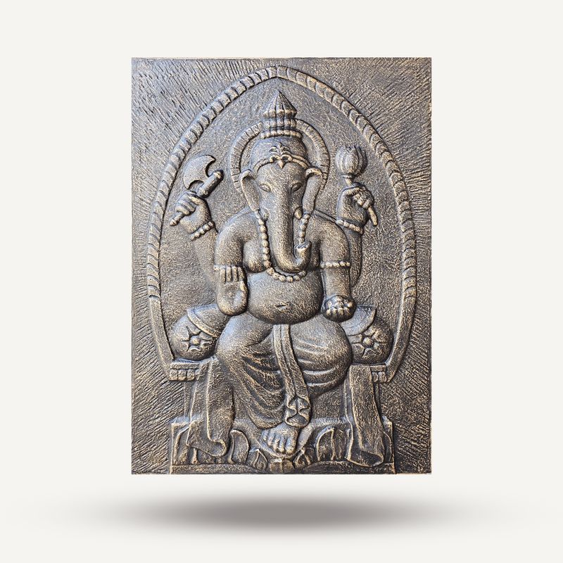 Grand Ganpati avec Cadre en ciment fibré en Relief Antique Doré - 0,7x1m