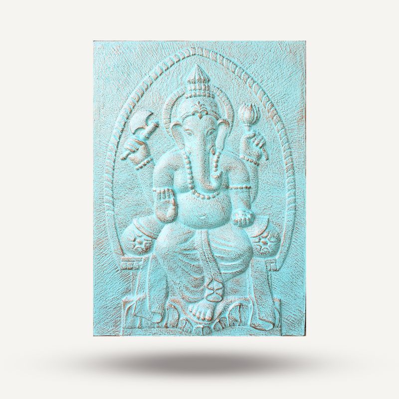 Grand Ganpati avec Cadre en ciment fibré en Relief Turquoise - 0,7x1m