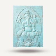 Grand Ganpati avec Cadre en ciment fibré en Relief Turquoise - 0,7x1m
