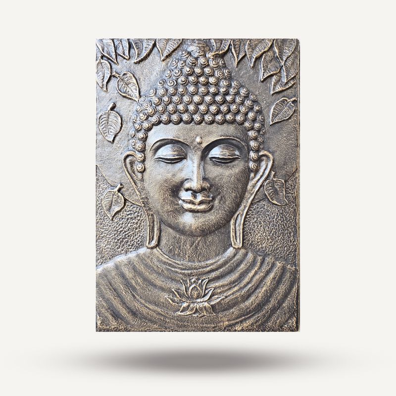 Grand Bouddha avec Cadre en ciment fibré en Relief Antique Doré - 0,7x1m