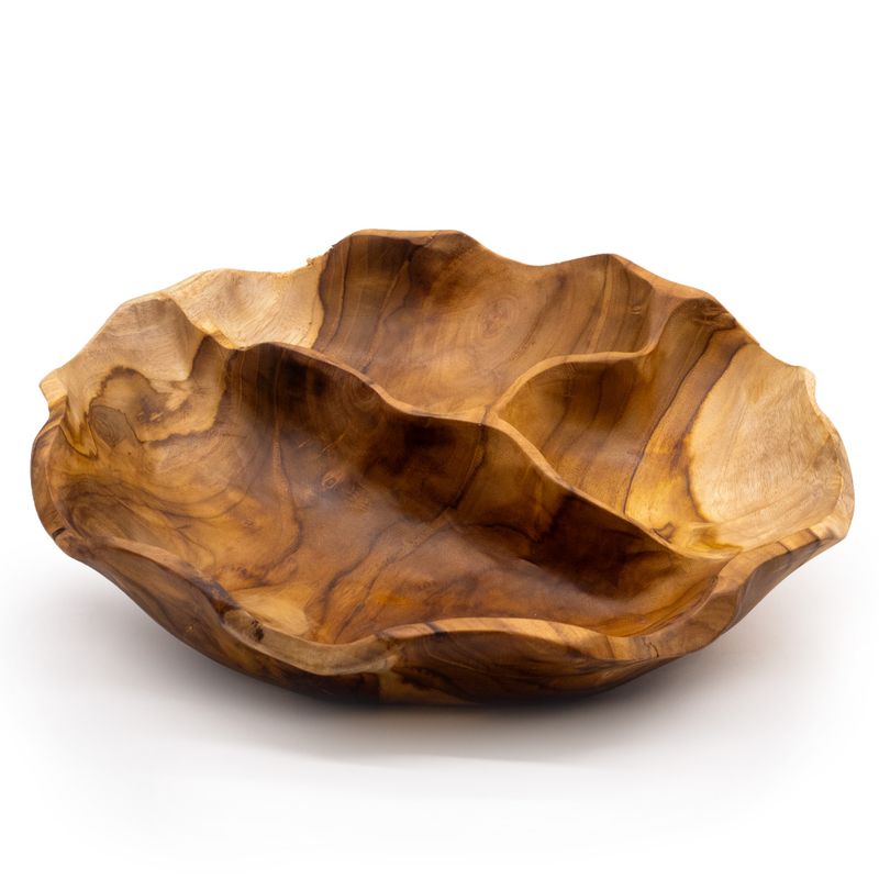 Bol à fruits rond et lisse en bois de teck à trois compartiments - 30x5,5cm