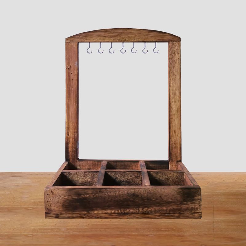 Présentoir Suspendu avec Plateau de Rangement - 6 Compartiments (2x3) - Bois Foncé