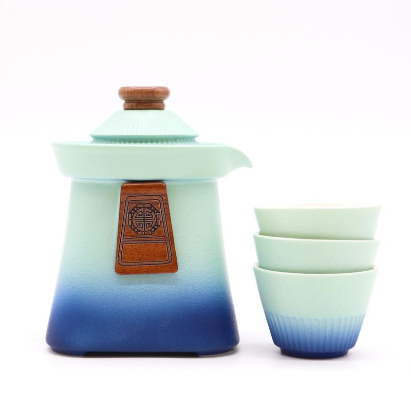 Ensemble Théière Temple et Trois Tasses - Bleu Ciel