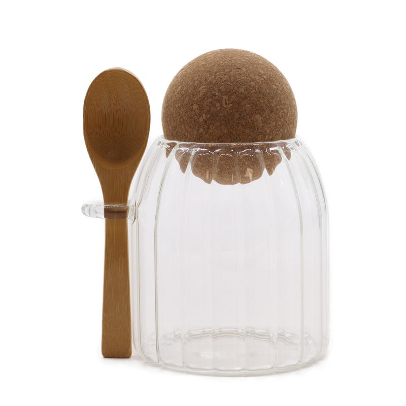 Petit pot en verre en relief avec bouchon en bambou naturel style rustique et cuillère - 10 cm