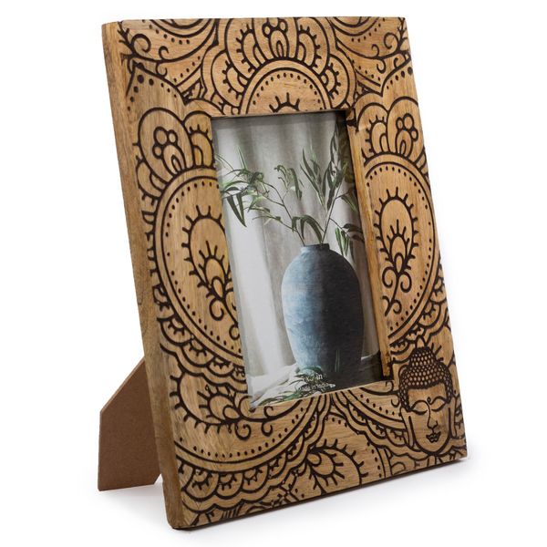 Grand cadre photo en bois de manguier (pour 13x18cm) 28x23x2cm - Bouddha - Noir