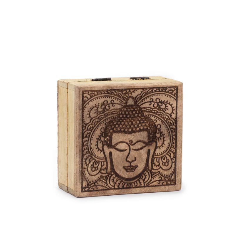 Boîte Carrée Petite 10x10x4,2 cm - Visage de Bouddha Gravé Noir