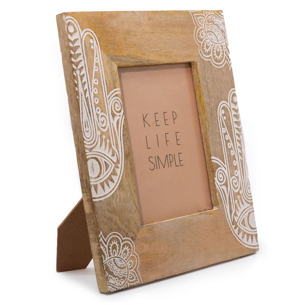Grand cadre photo en bois de manguier (pour 13x18cm) 28x23x2cm - hamsa - Blanc
