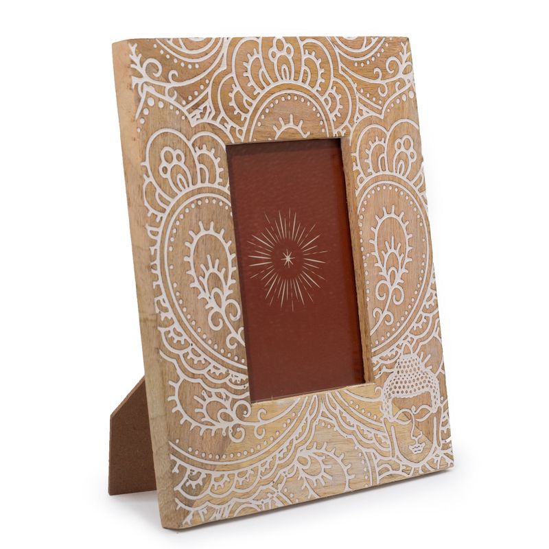 Cadre photo moyen en bois de manguier (pour 10x15cm) 26x20x2cm - Bouddha - Blanc