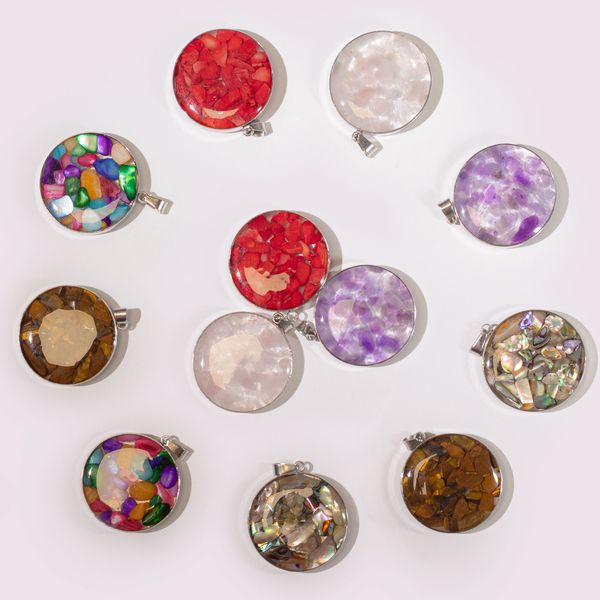 Pendentifs Acier – 12 Ronds Gemmes & Coquillages