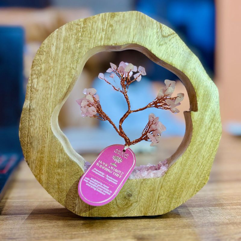 Jardin d'Arbres en Pierres Précieuses - Anneau en Bois de Manguier - Quartz Rose - 60 pierres