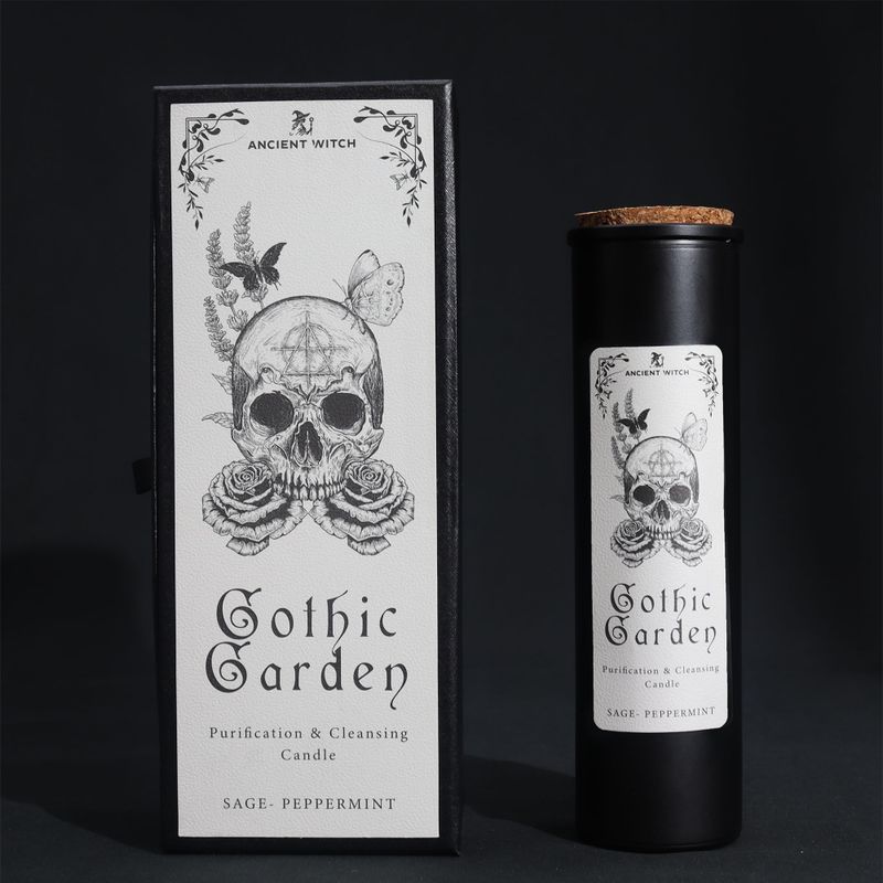 Bougie rituelle du jardin gothique et boîte cadeau crâne-et-rose sur fond noir