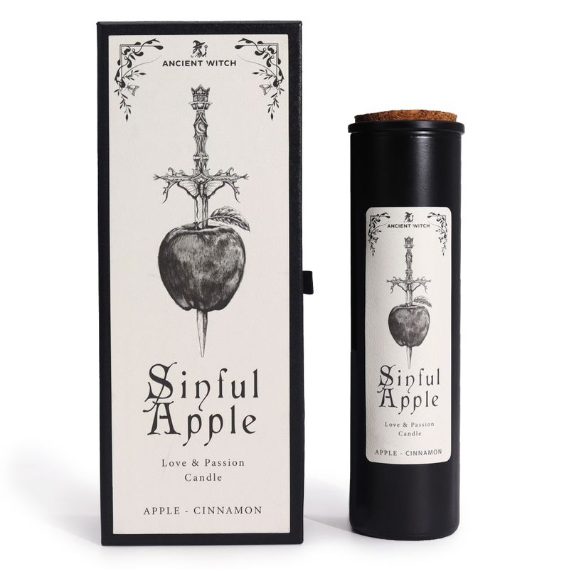 Pomme pécheresse Sorcière ancienne bougie rituelle et boîte cadeau assortie, vue de face