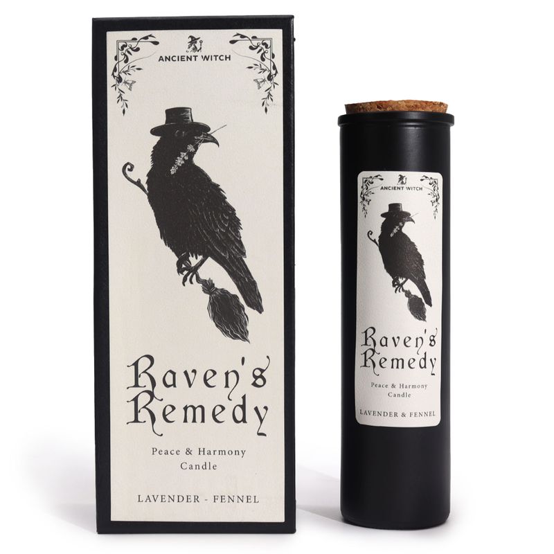 Raven's Remedy bougie rituelle de sorcière antique et boîte cadeau assortie, vue de face