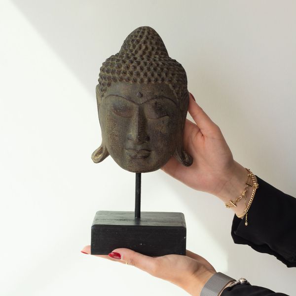 Grande Tête de Bouddha Sérénité sur Socle - Gris