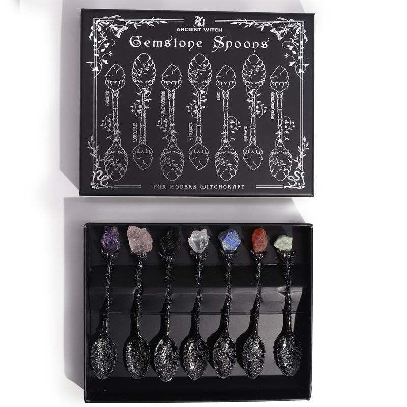 Set de 7 Cuillères Sorcières en Cristal et Pierre Précieuse Argent Sombre